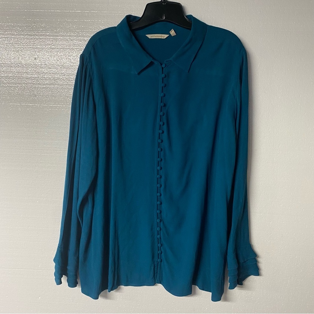 Soft Surroundings Blouse Women 2X Blue Button Front Long Sleeve Ruffle Cuffs